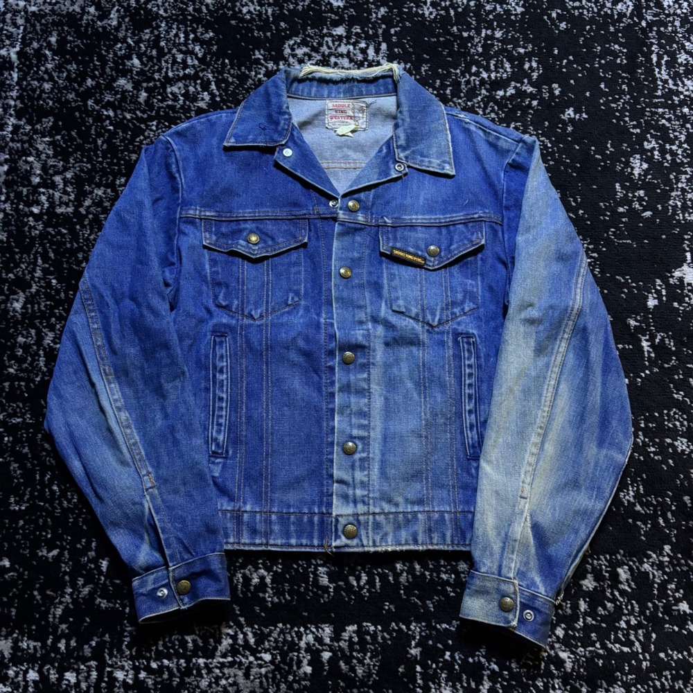 Vintage 70s Saddle King Western Denim Jacket Faded Distressed Grunge Blue 38 REG